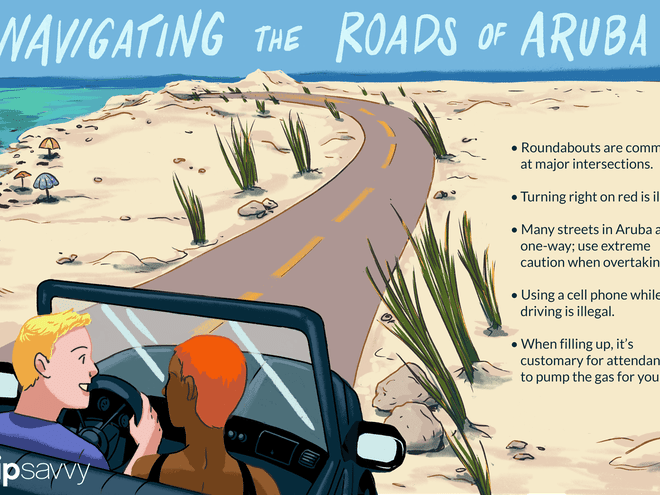 Illustration of two people (one with brown skin and short orange hair, and one with light skin and blond hair) driving down a beach road. There is also information from an article about driving in Aruba