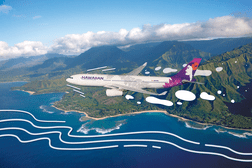 Image of a Hawaiian Airlines plane flying over Hawaii with illustrated details around it