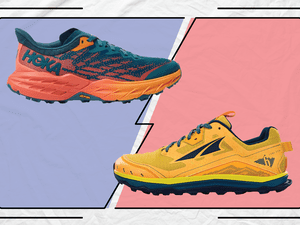 Collage of a Hoka and Altra sneaker on a colorful background
