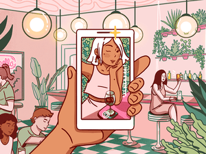 Illustration of a woman taking a selfie in a "IG" designed restaurant