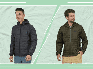Collage of the Patagonia Nano Puff Jacket and Micro Puff Jacket on a green background