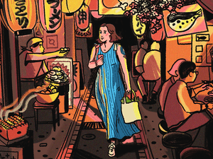 Illustration of writer walking through night market in Japan surrounded by meat