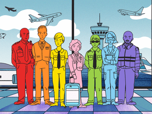 Gif of full aviation crew each a different color to represent the LGBTQ rainbow