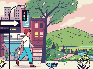 Illustration of woman walking out of a city and into nature