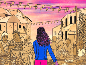 Illustration of a woman walking into a market in The Gambia with pride colors