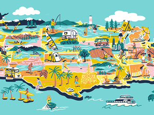 Illustration of the US map with best beach picks popping off the map