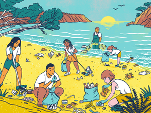 Illustration of people cleaning up a beach
