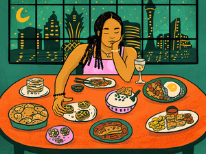 Illustration of writer sitting at a table filled with food with the Macao skyline behind her