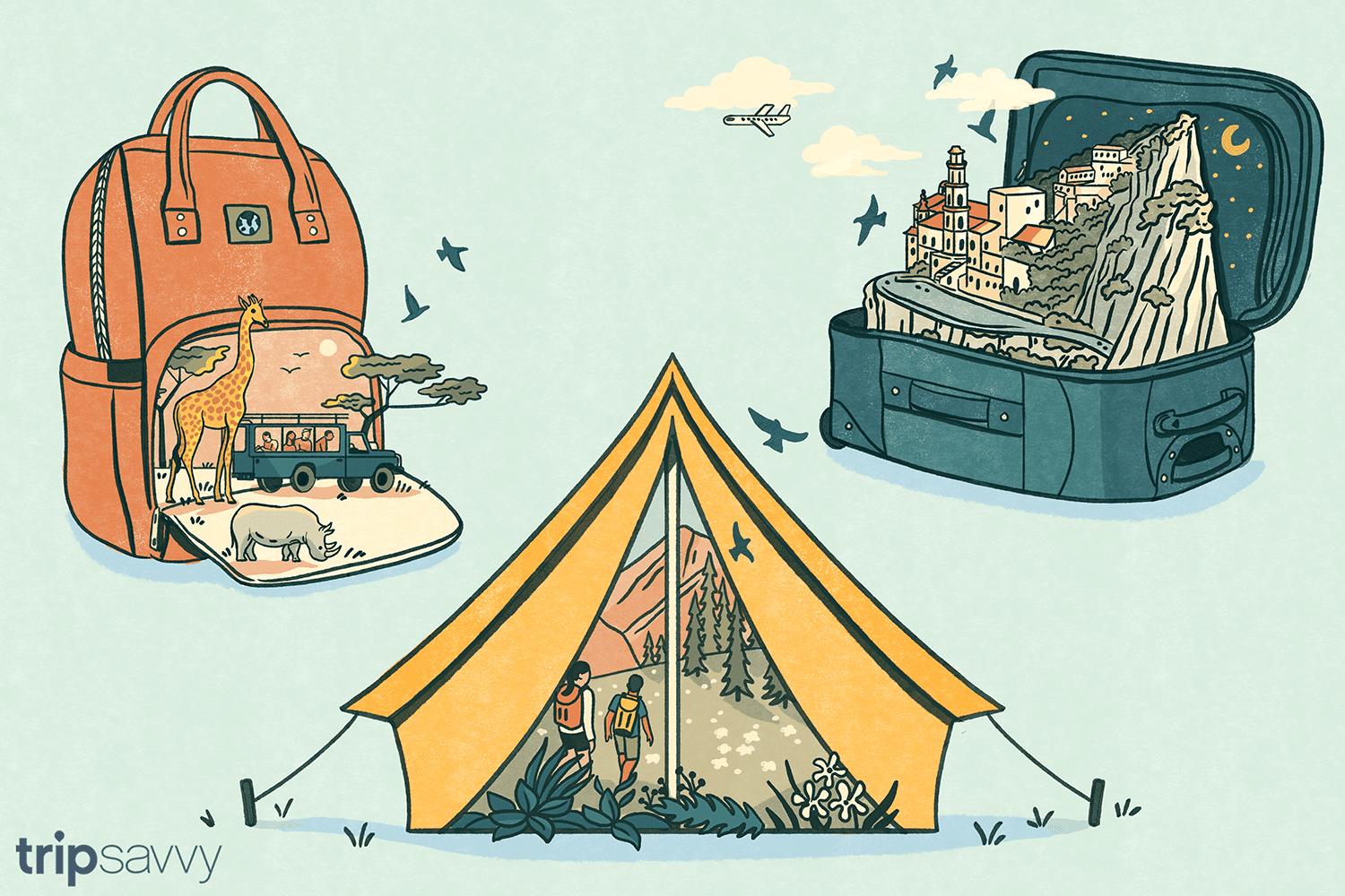 Illustration of 3 different scenes coming out of travel gear (suitcase, tent, backpack)