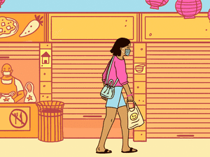 illustration of a woman walking through a street food center where most vendors are closed